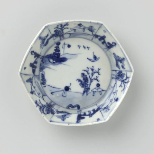 Hexagonal saucer-dish with landscapes and figures