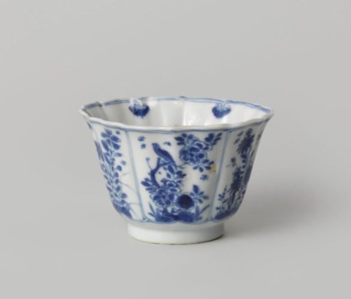 Ribbed cup with flowering plants, birds and insects