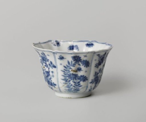 Ribbed cup with flowering plants, birds and insects