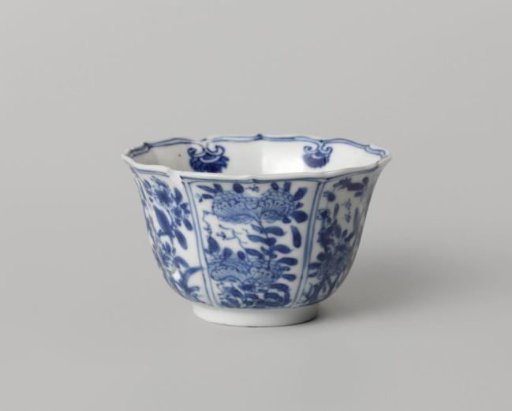 Ribbed cup with flowering plants, birds and insects