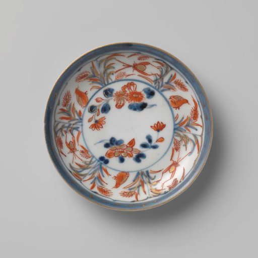 Saucer with quails, insects, flower sprays and flowering plants