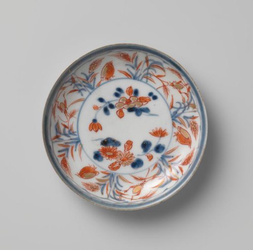 Saucer with quails, insects, flower sprays and flowering plants