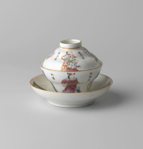 Covered cup and saucer with figures, a go-board and inscriptions