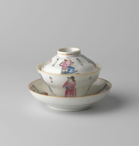 Covered cup and saucer with figures, a go-bord and inscriptions