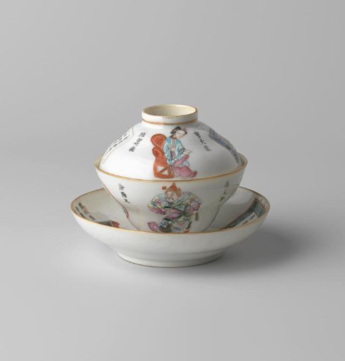 Covered cup and saucer with figures, a go-bord and inscriptions