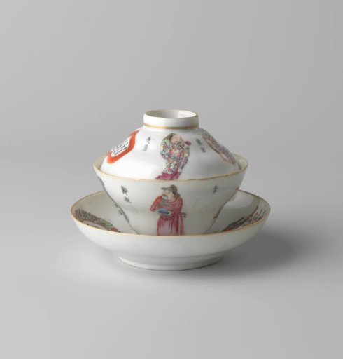 Covered cup and saucer with figures, a go-bord and inscriptions
