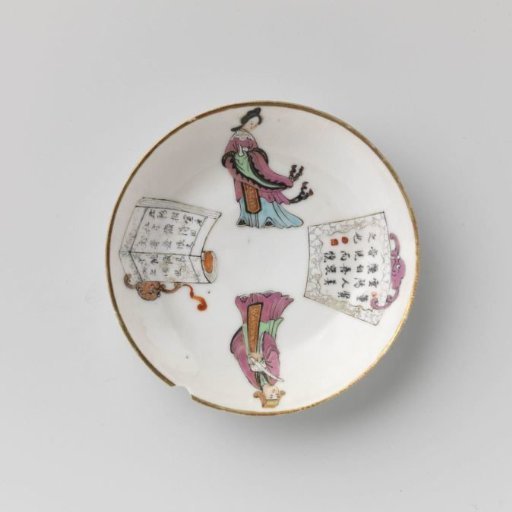 Saucer with a man, woman and two panels with characters