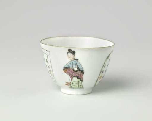 Cup with a man, woman and two panels with characters