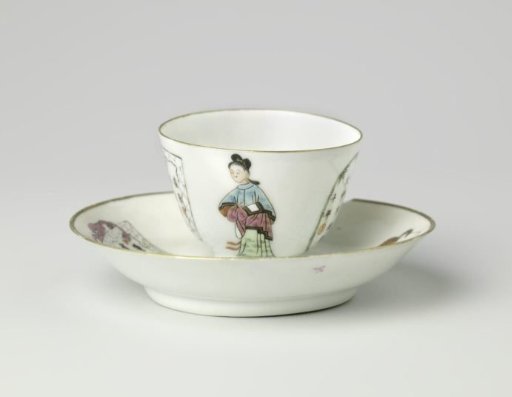Cup and saucer with a man, woman and two panels with characters
