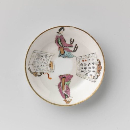 Saucer with a man, woman and two panels with characters