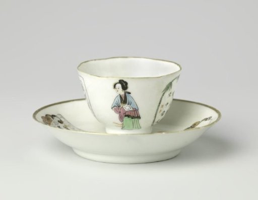 Cup and saucer with a man, woman and two panels with characters