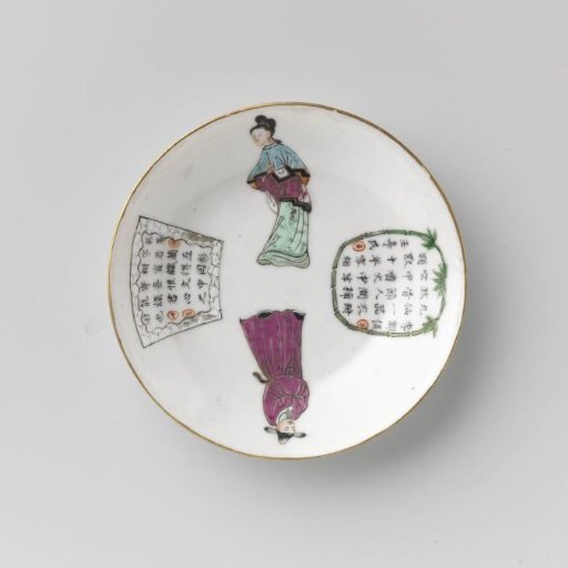 Saucer with a man, woman and two panels with characters