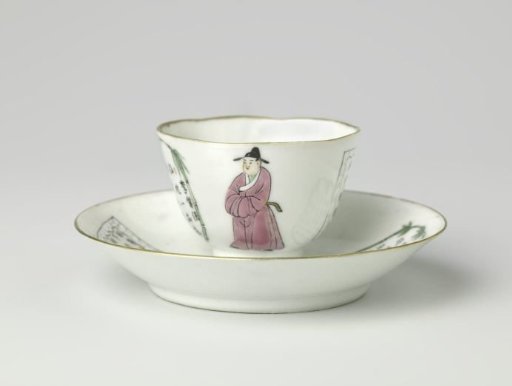 Cup and saucer with a man, woman and two panels with characters