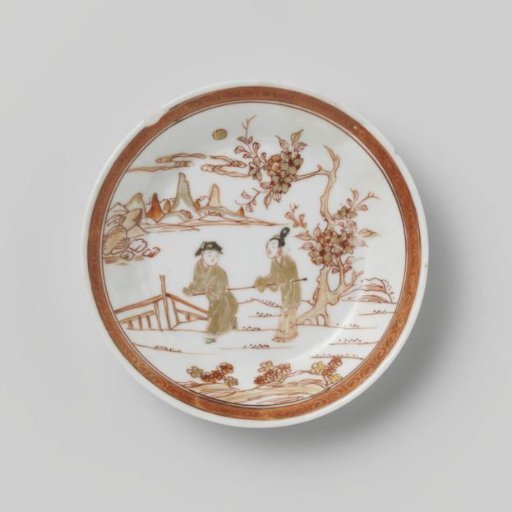 Saucer with two figures in a water landscape and a flowering tree
