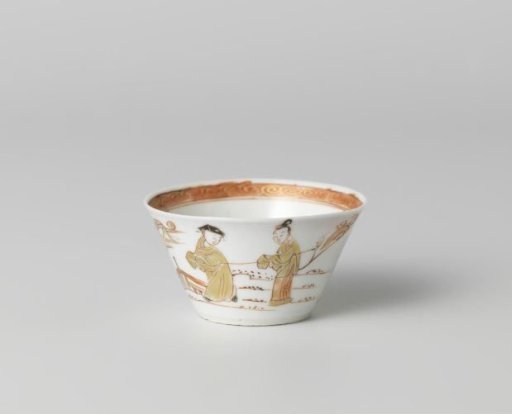 Cup with two figures in a water landscape and a flowering tree
