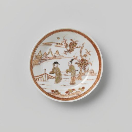 Saucer with two figures in a water landscape and a flowering tree