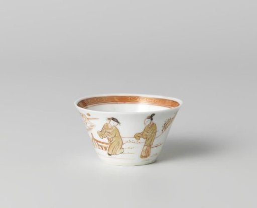 Cup with two figures in a water landscape and a flowering tree