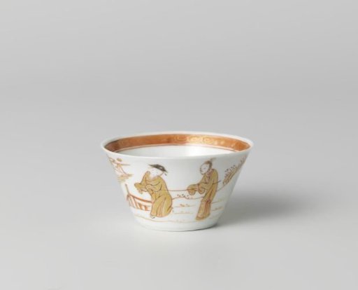 Cup with two figures in a water landscape and a flowering tree