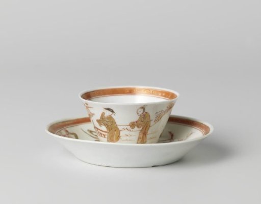 Cup and saucer with two figures in a water landscape and a flowering tree