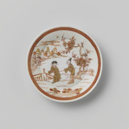 Saucer with two figures in a water landscape and a flowering tree