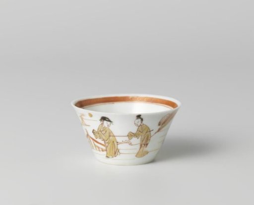 Cup with two figures in a water landscape and a flowering tree