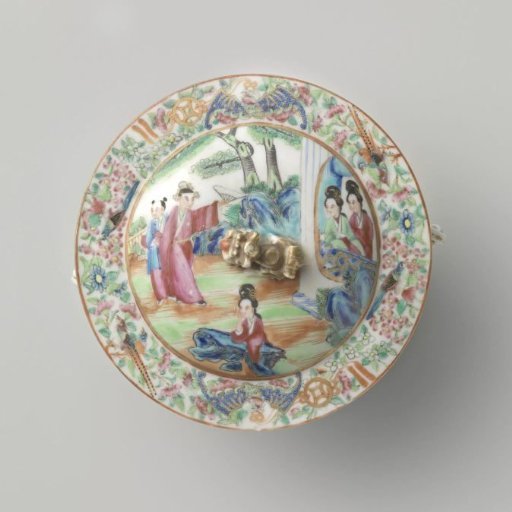 Tureen with stand with figures on a terrace near a pavilion