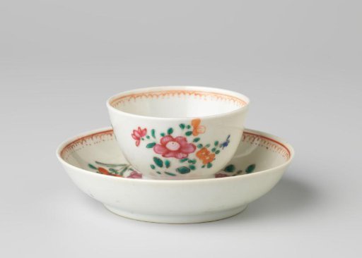 Straight-sided cup and saucer with three flower sprays