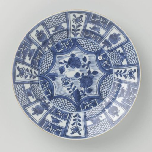 Plate with panel decoration with flower sprays and precious objects