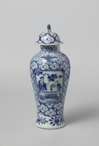 Baluster covered jar with figures in panels