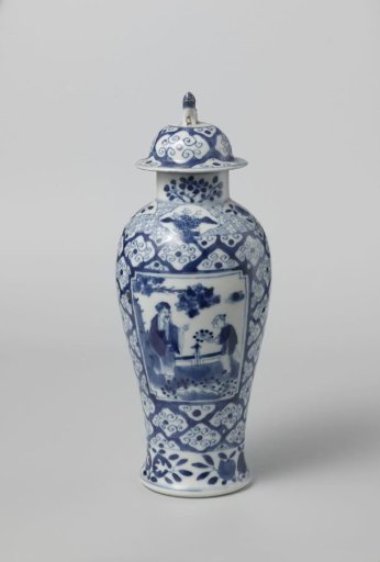 Baluster covered jar with figures in panels