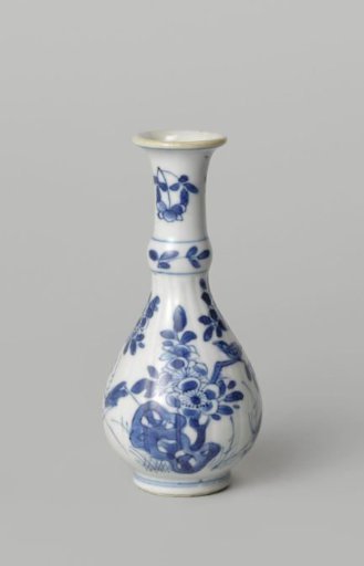 Pear-shaped bottle vase with flowering plants, birds and insects near a rock