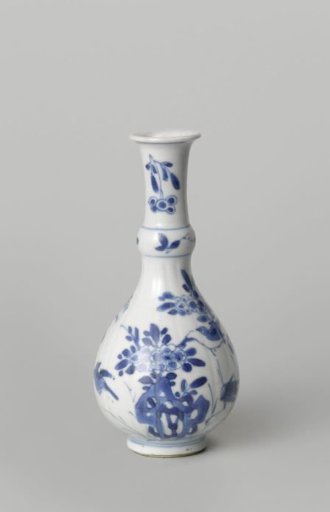 Pear-shaped bottle vase with flowering plants, birds and insects near a rock