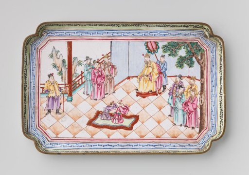 Rectangular sheet painted with figures on a terrace