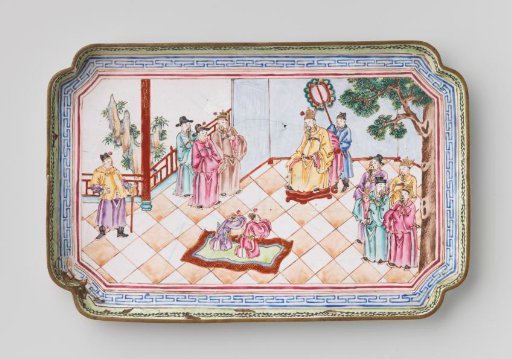 Rectangular sheet with figures on a terrace.