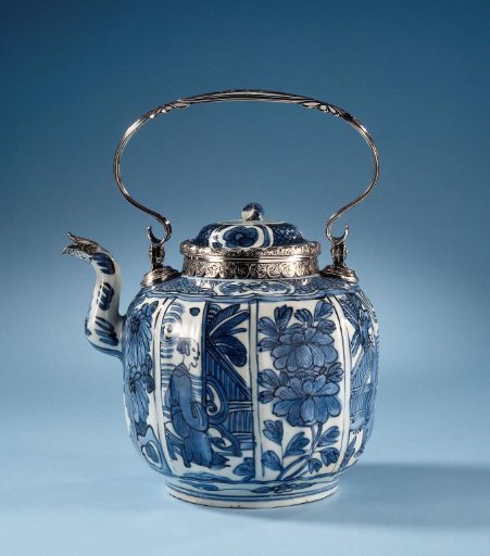 Teapot with panel decoration with flowering plants, figures and silver mounts