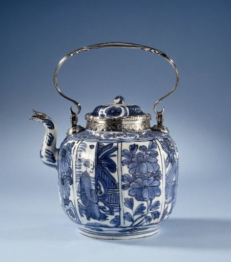 Teapot with panel decoration with flowering plants, figures and silver mounts