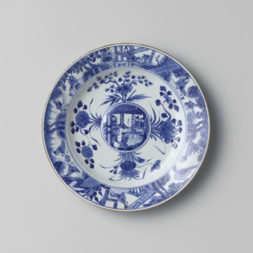 Plate with flower sprays and figures in an interior and in a landscape