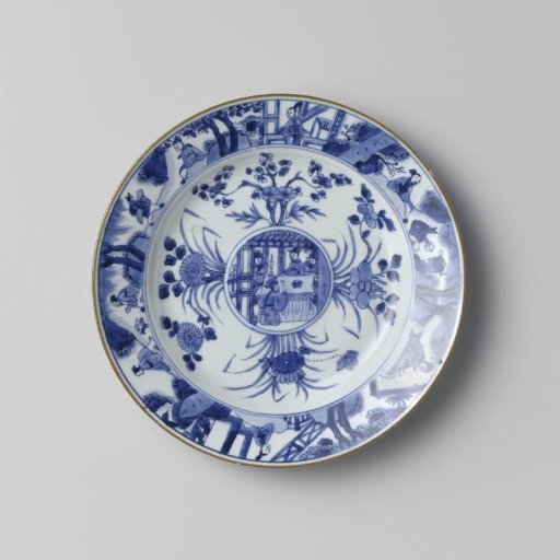 Plate with flower sprays and figures in an interior and in a landscape