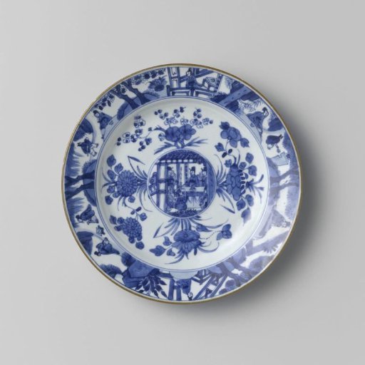 Plate with flower sprays and figures in an interior and in a landscape