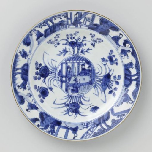 Plate with flower sprays and figures in an interior and in a landscape