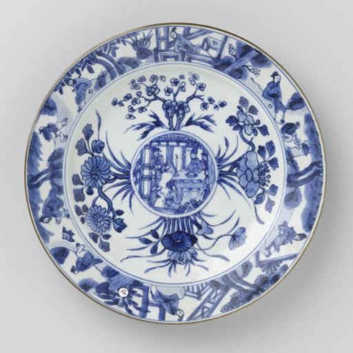 Plate with flower sprays and figures in an interior and in a landscape