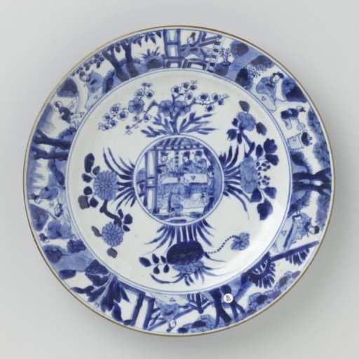 Plate with flower sprays and figures in an interior and in a landscape