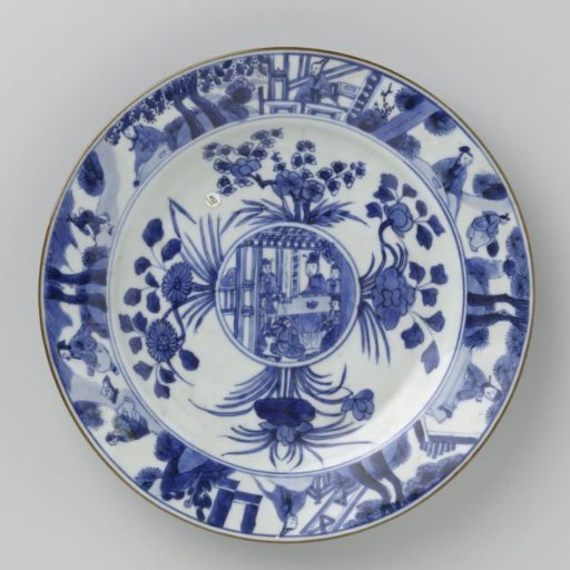 Plate with flower sprays and figures in an interior and in a landscape