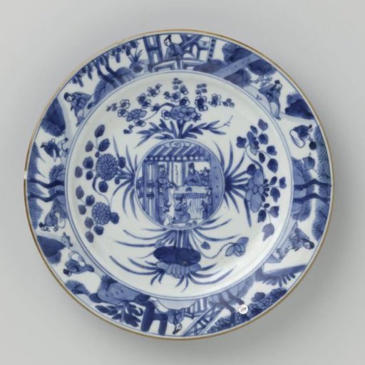 Plate with flower sprays and figures in an interior and in a landscape