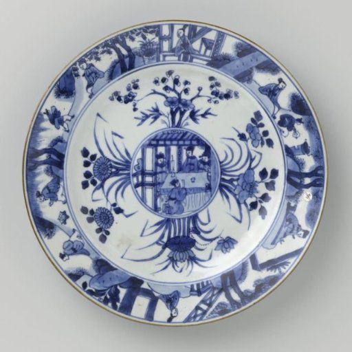 Plate with flower sprays and figures in an interior and in a landscape