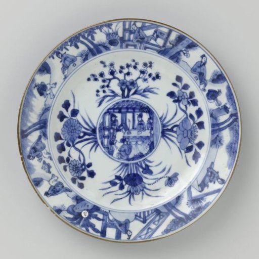 Plate with flower sprays and figures in an interior and in a landscape