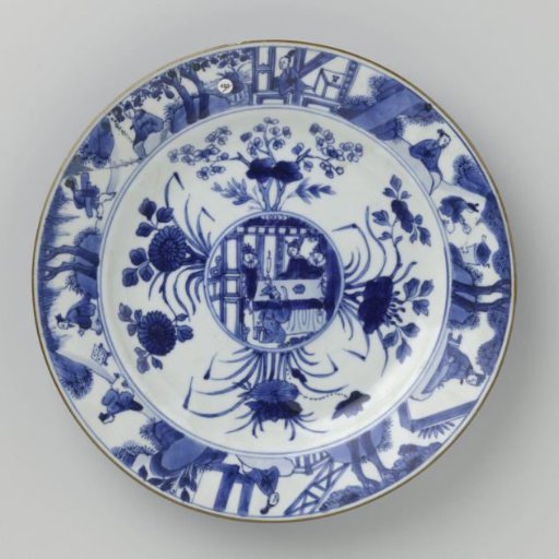 Plate with flower sprays and figures in an interior and in a landscape