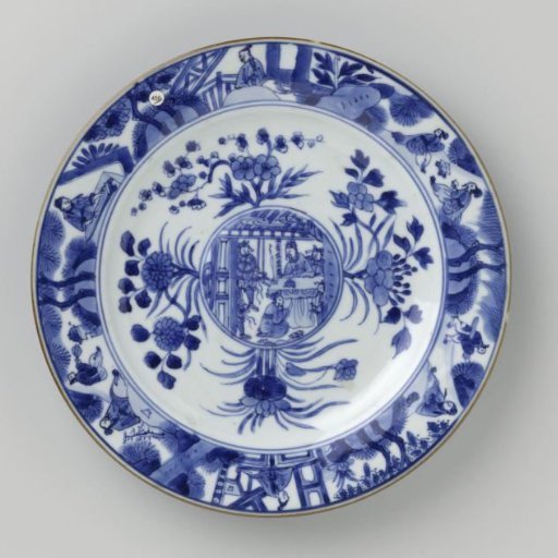 Plate with flower sprays and figures in an interior and in a landscape