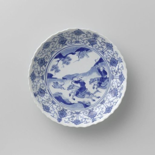 Saucer-dish with hunting scene, lotus scrolls and auspicious symbols