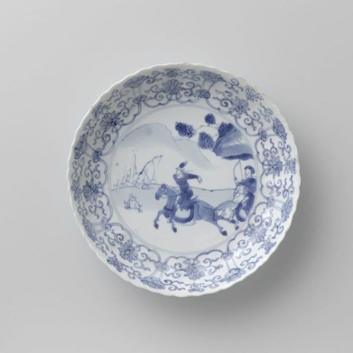 Saucer-dish with hunting scene, lotus scrolls and auspicious symbols